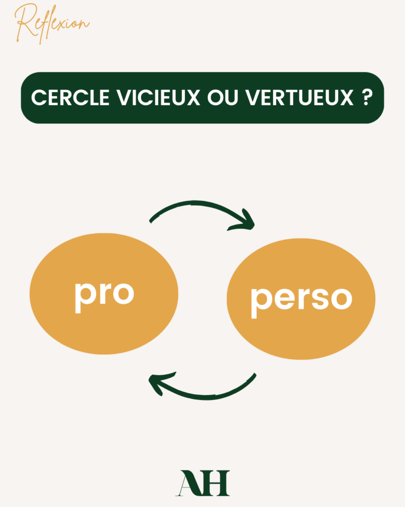 Deux cercles contenant "Pro" et "Perso" avec ces fleches allant de l'un vers l'autre et une question : cercle vicieux ou vertueux ?